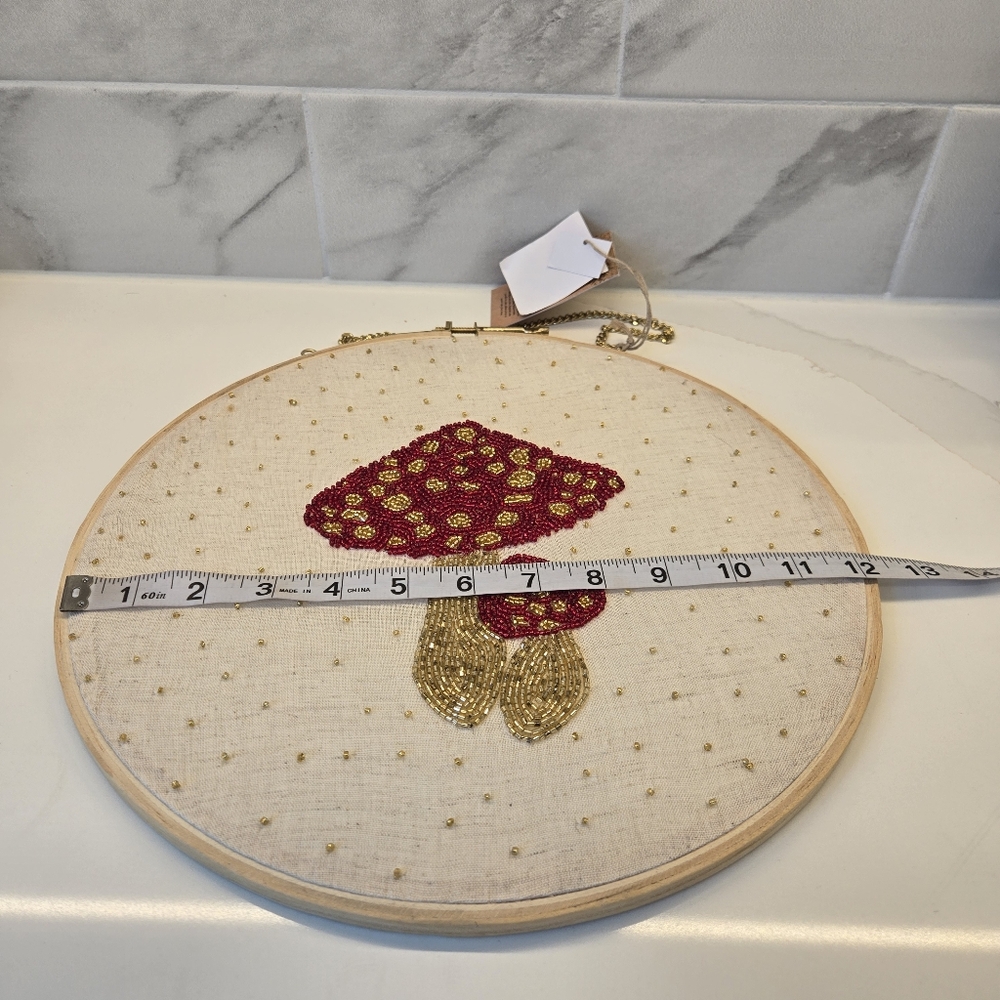Hand Beaded Embroidery Red Mushrooms Hoop Wall Decor New with Tag - Picture 10 of 11